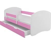 Lit junior ACMA II Lit enfant 140x70 cm Lit junior Ensemble complet avec matelas Sommier à lattes et barrière de sécurité Blanc / Rose, avec coffre de rangement, chambre d'enfant