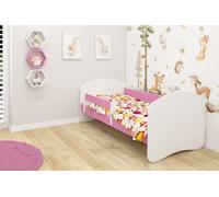 Lit junior ACMA II Lit enfant 160 x 80 cm Lit junior Ensemble complet avec matelas Sommier à lattes et barrière de sécurité Blanc / Rose, chambre d'enfant