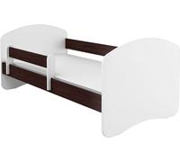 Lit junior ACMA II Lit enfant 160 x 80 cm Lit junior Ensemble complet avec matelas Sommier à lattes et barrière de sécurité Blanc / bois wengé , chambre d'enfant
