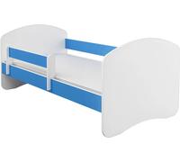 Lit junior ACMA II Lit enfant 160 x 80 cm Lit junior Ensemble complet avec matelas Sommier à lattes et barrière de sécurité Blanc / Bleu, chambre d'enfant