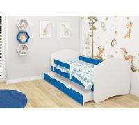 Lit junior ACMA II Lit enfant 160 x 80 Lit junior Ensemble complet avec matelas Sommier à lattes et barrière de sécurité Blanc / Bleu , avec coffre de rangement, chambre d'enfant