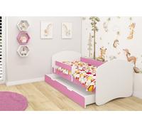 Lit junior ACMA II Lit enfant 160x80 cm Lit junior Ensemble complet avec matelas, sommier à lattes et barrière de sécurité Blanc / Rose, avec coffre de rangement, chambre d'enfant