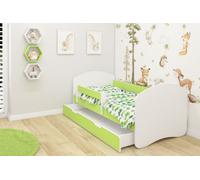 Lit junior ACMA II Lit enfant 180 x 80 Lit junior Ensemble complet avec matelas Sommier à lattes et barrière de sécurité Blanc / Vert, avec coffre de rangement, chambre d'enfant