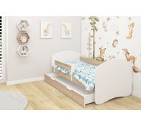 Lit junior ACMA II Lit enfant 180 x 80 Lit junior Ensemble complet avec matelas, sommier à lattes et barrière de sécurité Blanc / Chêne Sonoma, avec coffre de rangement