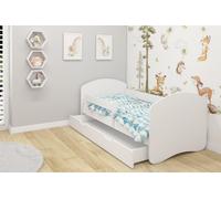 Lit junior ACMA II Lit enfant Lit junior Ensemble complet avec matelas Sommier à lattes et barrière de sécurité Blanc / Blanc 160x80 cm + coffre de rangement