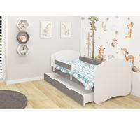 Lit junior ACMA II Lit enfant Lit junior Ensemble complet avec matelas, sommier à lattes et barrière de sécurité Blanc / Gris 160x80 cm + coffre de rangement
