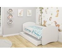Lit junior ACMA II Lit enfant Lit junior Ensemble complet avec matelas Sommier à lattes et barrière de sécurité Blanc / Blanc 180x80 cm + coffre de rangement