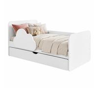 Lit junior blanc 160 x 80 cm, motif nuage | Avec coffre de rangement et matelas en mousse | Filles et garçons