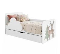 Lit junior blanc 160 x 80 cm, motif nuage | Avec coffre de rangement et matelas en mousse | Pour filles et garçons, autocollants colorés
