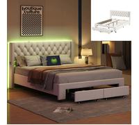 Lit King 180x200cm avec 2 tiroirs, Lit coffre, Lit rembourré, Lit double, Lit 2 Personnes, sommier à Lattes, USB, LED, Velours