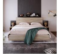 Lit - KOMHTOM - 160x200 - Noyer sombre & gris foncé - Sommier à lattes inclus - 2 tables de chevet
