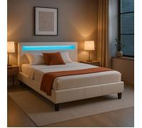 Lit LED double 140x190 cm avec sommier, tête de lit confortable, lit 1 place revêtement en tissu blanc, RIOJA