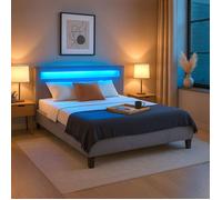 Lit LED double 140x190 cm avec sommier, tête de lit confortable, lit 1 place revêtement en tissu gris, RIOJA