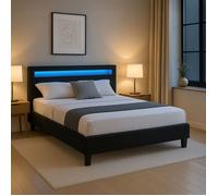Lit LED double 140x190 cm avec sommier, tête de lit confortable, lit 1 place revêtement en tissu noir, RIOJA