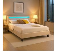Lit LED double 140x190 cm avec sommier, tête de lit confortable, lit 1 place revêtement synthétique beige, PINOT