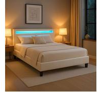Lit LED double 140x190 cm avec sommier, tête de lit confortable, lit 1 place revêtement synthétique blanc, PINOT