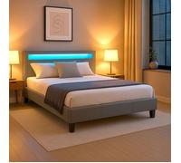 Lit LED double 140x190 cm avec sommier, tête de lit confortable, lit 1 place revêtement synthétique gris, PINOT