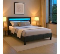 Lit LED double 140x190 cm avec sommier, tête de lit confortable, lit 1 place revêtement synthétique noir, PINOT