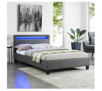 Lit LED simple 120x190 cm avec sommier, tête de lit confortable, lit 1 place revêtement synthétique gris, MIRANDO