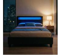 Lit LED simple 120x190 cm avec sommier, tête de lit confortable, lit 1 place revêtement synthétique noir, MIRANDO