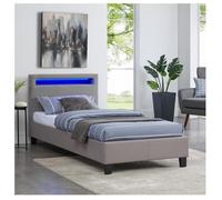 Lit LED simple 90x190 cm avec sommier, tête de lit confortable, lit 1 place revêtement en tissu gris, MOLINA