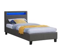 Lit LED simple 90x190 cm avec sommier, tête de lit confortable, lit 1 place revêtement synthétique gris, LUCENO
