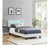 Lit LED simple 90x190 cm avec sommier, tête de lit réglable en hauteur, en tissu blanc, AUSTIN