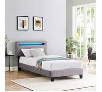 Lit LED simple 90x190 cm avec sommier, tête de lit réglable en hauteur, en tissu gris, AUSTIN