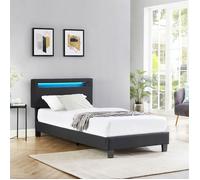 Lit LED simple 90x190 cm avec sommier, tête de lit réglable en hauteur, en tissu noir, AUSTIN