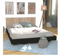 Lit LOFT 140x190 + 1 sommier + tête de lit / Décor Noir & chêne blanchi