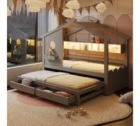 Lit maison 90 x 200 cm en bois massif, lit d'enfant multifonctionnel avec lit gigogne 90 x 190 cm et sommier à lattes, 2 tiroirs, port USB Type-C et LED de l'application, gris, stable et silencieux