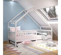 Lit maison ALVA en pin massif, blanc - Lit enfant avec toit, lit tipi avec tiroirs, lit pour chambre d'enfant, lit Montessori près du sol, idéal pour les combles