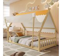 Lit maison de jeu pour enfants avec toit en toile amovible, balustrade de sécurité & sommiers à lattes stables - bois massif naturel, 90x200cm