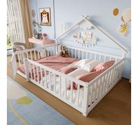 Lit maison en bois massif 140 x 190 cm, lit d'enfant avec barrière de sécurité et porte, blanc, lit plat en pin pour filles et garçons, sans matelas