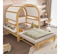 Lit maison Lit enfant 140x200 Blanc Nature avec lit gigogne et rangement Toit bombé Lit de jour pour invités Bois de pin Lit rallongé sans matelas