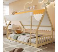Lit maison Lit enfant 90x200 Design maison en bois naturel avec tente amovible Lit simple en bois de pin Lit ludique avec barrière de sécurité sans matelas stable