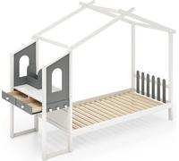 Lit maison pour enfants - Lit enfant avec bureau - Largeur du matelas 120 cm - Espace de rangement, tiroirs et crochets - Sommier à lattes - Bois - Blanc