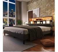 Lit matelassé 140×200 cm, lit adulte avec tête de lit rangement, éclairage LED, structure bois, sans matelas
