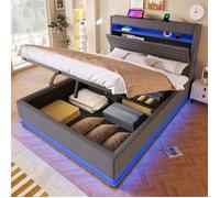 Lit matelassé 140×200 cm, lit sur plateforme pour adulte avec station de charge USB-C, éclairage LED,tête de lit de rangement,gris