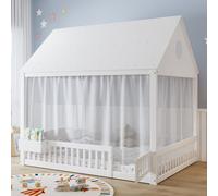 Lit Merax 140 x 200 cm avec toit et fenêtre, lit d'enfant avec rideau et compartiment de rangement, lit en bois massif avec sommier à lattes, lit ludique blanc