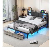 Lit métal 140x200, sommier LED & USB, éclairage LED, sommier lattes, rangement, tête LED, 2 tiroirs, sans matelas, Gris
