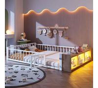 Lit métallique pour enfant avec barrières de sécurité et bande LED, idéal comme lit plat avec structure en fer et casiers de rangement, sans matelas - 140 x 200 cm, blanc