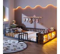 Lit métallique pour enfant avec barrières de sécurité et bandes LED, idéal comme lit plat avec structure en fer et casiers de rangement, sans matelas - 140 x 200 cm, noir