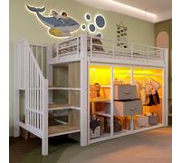 Lit métallique superposé 90 x 200 cm avec armoire et éclairage LED, sommier mi-haut avec 2 tiroirs, espaces de rangement et barrière de sécurité, stable pour les enfants et les adolescents, blanc
