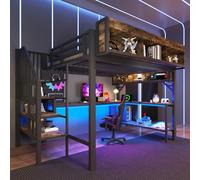 Lit mezzanine 1 place 140x200,lit superposé enfant 140x200,lit mezzanine avec bureau,lit enfant avec rangement et prise USB et LED,lit enfant avec barriere,vintage marron-noir avec bureau d'angle