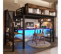 Lit mezzanine 1 place 90x200,lit superposé enfant 90x200,lit mezzanine avec bureau,lit enfant avec rangement et prise USB Type-C & LED,lit enfant avec barriere,vintage marron-noir avec bureau d'angle