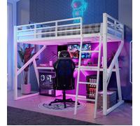 Lit Mezzanine 1 Place en fer avec LED et rambarde, Lit Superposé 90x200 avec escalier et bureau, Blanc(Sans Matelas)
