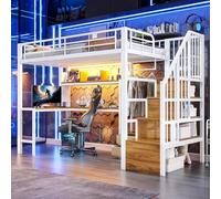 Lit Mezzanine 1 Place Enfant 90 x 200 cm avec éclairage LED et Armoire Ouverte,lit Mezzanine avec Bureau et 2 tiroirs, lit superposé Enfant avec Escalier Espace de Rangement, sans matelas (Blanc-65K)