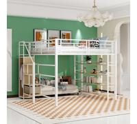 Lit mezzanine 140*200, avec escalier de sécurité, rangements et petite penderie, étagères, design haute clôture, lit simple, lit jeune, blanc