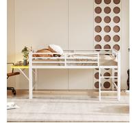 Lit mezzanine 140×200 cm 2 places, garde-corps, échelle, bureau pliant et LED - MEUNIQ - sans matelas, métal blanc